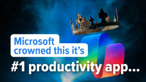 Crown hovering over a colorful, abstract app logo with a bold white rounded banner containing blue text, set against a dark blue smoky background—advertising productivity apps.